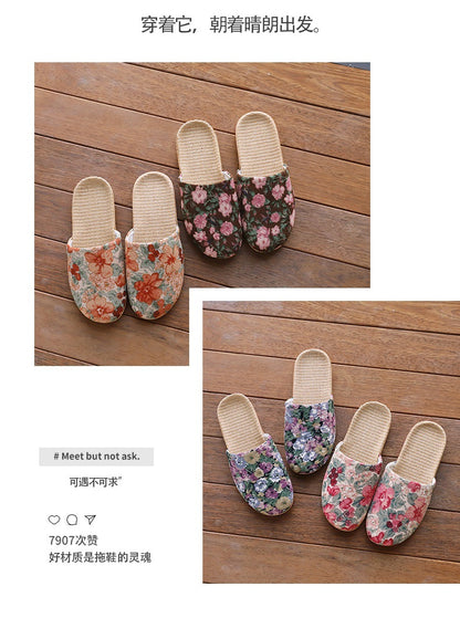 Baotou Spring & Fall Indoor Comfortable and Breathable Linen All Year Round Home Fabric Sandals for Women and Couples Floor Soft Bottom Home