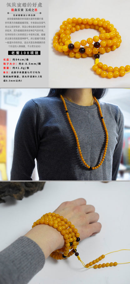 Old Wax 108 Buddha Beads Necklace Beeswax Bracelet Jewelry Women's High-End Sweater Chain Amber Chicken Fat Yellow Toy Necklace