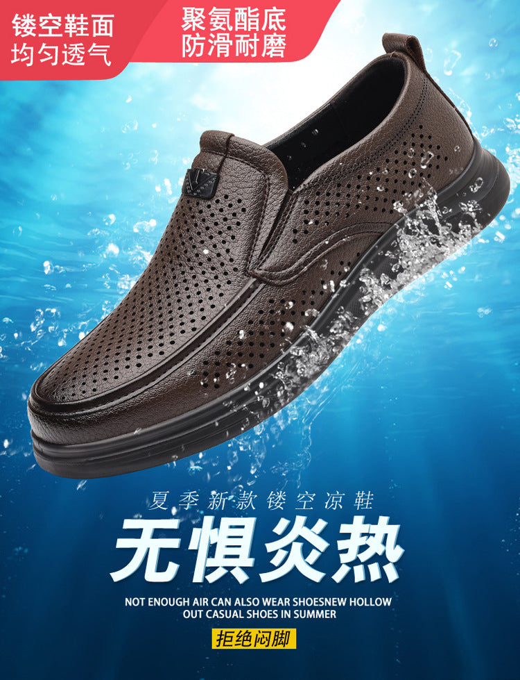 Summer Men's Shoes for Middle-Aged and Elderly People, Genuine Leather Breathable Men's Sandals, Leather Shoes, Soft Soles, Hollow Casual Shoes, Clogs