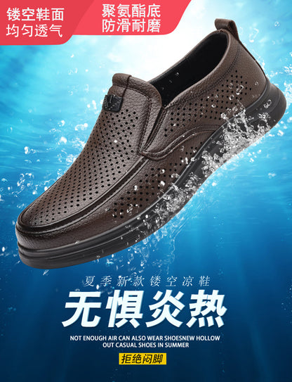 Summer Men's Shoes for Middle-Aged and Elderly People, Genuine Leather Breathable Men's Sandals, Leather Shoes, Soft Soles, Hollow Casual Shoes, Clogs