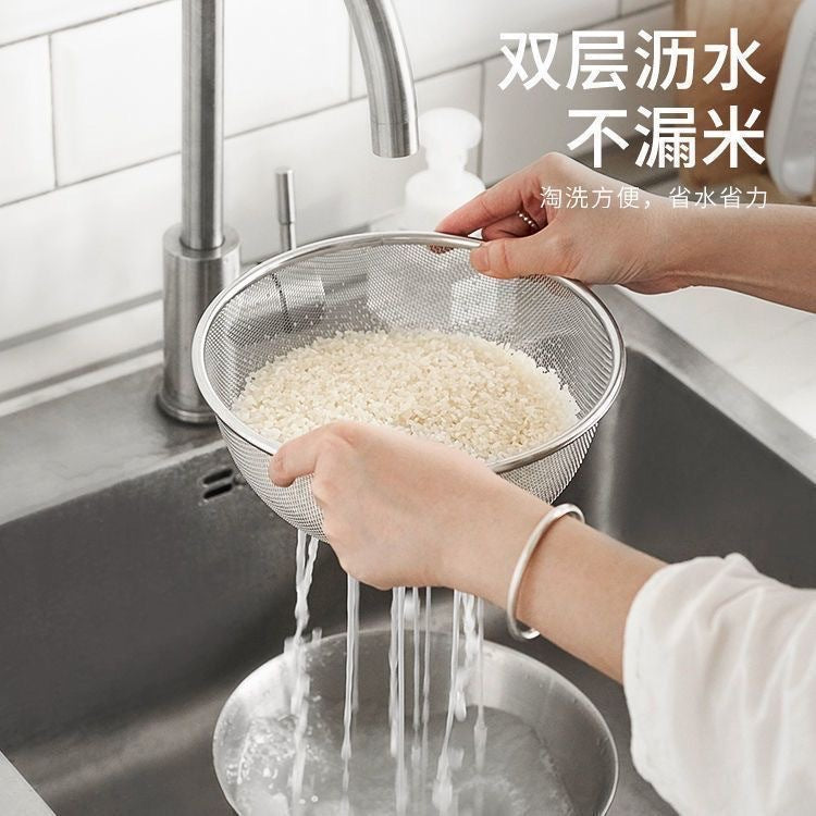 Cross-border Stainless Steel Thickened Vegetable Washing Basin Draining Basket Household Kitchen Rice Washing Artifact Vegetable Washing Basin Rice Washing Sieve Rice Washing Basin