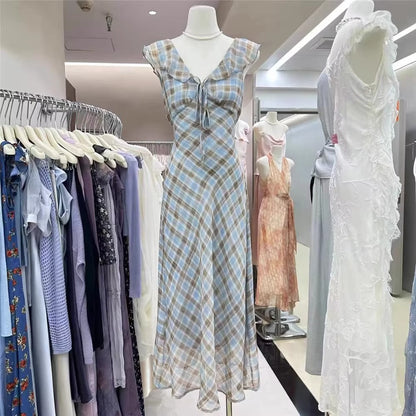 Fashion New Summer French Elegant Temperament Gentle Ruffled Plaid Dress Women's Summer Slimming Age-Reducing Long Dress