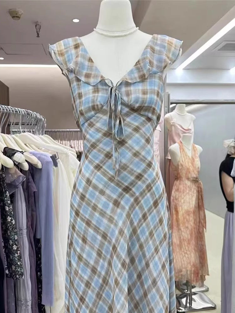 Fashion New Summer French Elegant Temperament Gentle Ruffled Plaid Dress Women's Summer Slimming Age-Reducing Long Dress