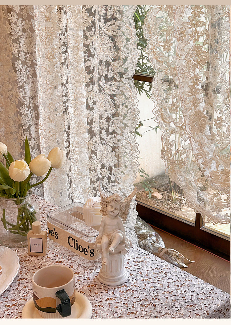 French-Style Retro Palace Lace Embroidery Cream Sheer Curtain for Bay Window, Light-Transmitting, No-Drill Partition Half Curtain Door Curtain