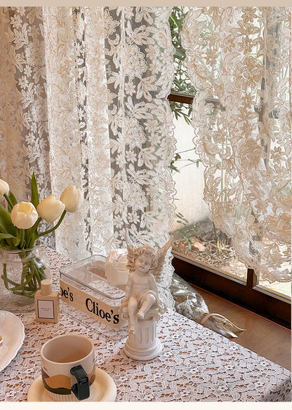 French-Style Retro Palace Lace Embroidery Cream Sheer Curtain for Bay Window, Light-Transmitting, No-Drill Partition Half Curtain Door Curtain