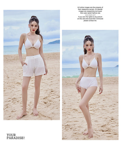 2024 new swimsuit women's split four-piece suit belly covering slimming gathered small chest South Korea ins style Hot Spring