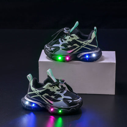 Boys' Breathable Luminous Sports Double Mesh Shoes 2024 Spring and Autumn New Children's Letters Casual LED Lighting Running Shoes