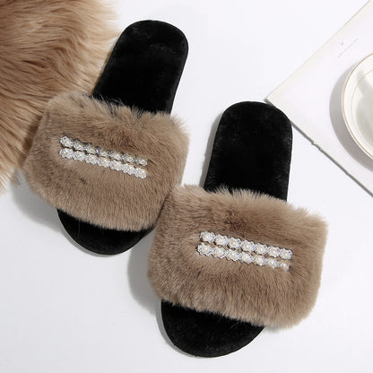 New Foreign Trade Pearl Chain Large Plush Flat Slippers for Women, Fashionable Open-Toe Home Cotton Slippers for Cross-Border