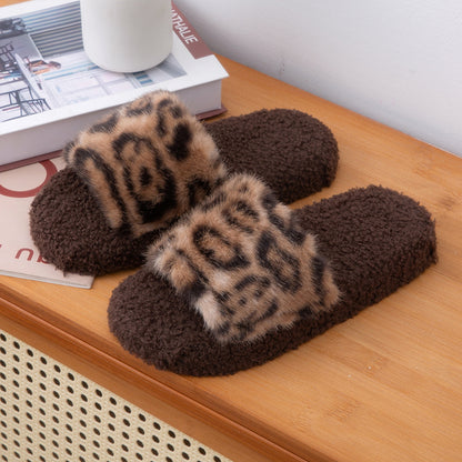2025 Autumn and Winter Furry Slippers, Leopard Print, Retro Fashion, Home Lazy Soft Sole, Comfortable Home Slippers