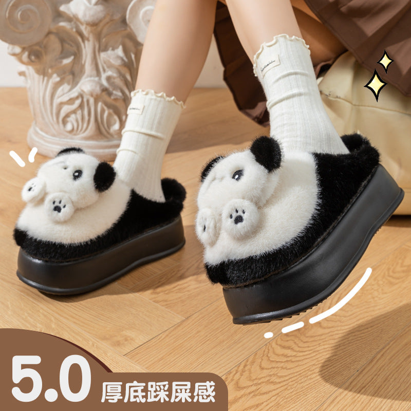 Thick-Soled High-Heeled Cotton Slippers for Women's Home, Cute Bear Girl's Heart Heightening Slippers, Winter Warm and Non-Slip Outer Wear