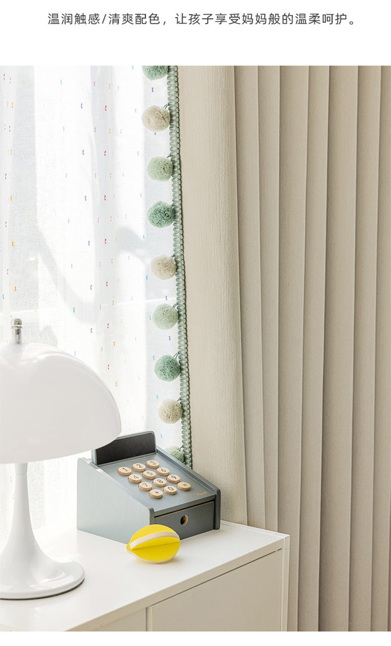 Cream-Colored Chenille Blackout Curtains for Children's Room, Sleeping Beauty Style, with Pom-Pom Design, Custom-Made Finished Product