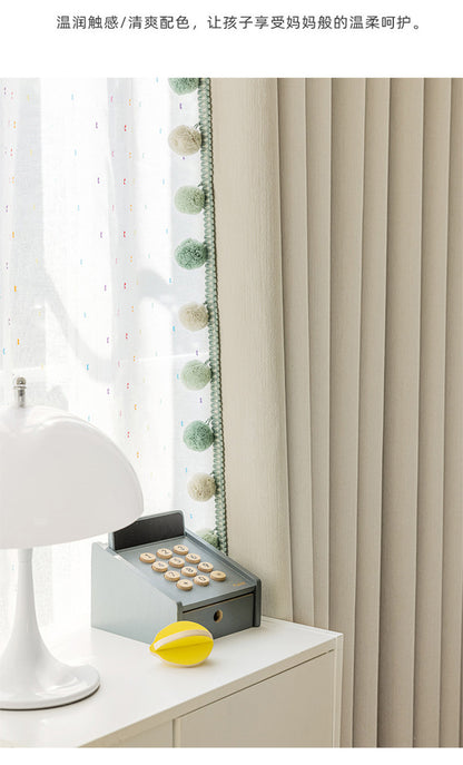Cream-Colored Chenille Blackout Curtains for Children's Room, Sleeping Beauty Style, with Pom-Pom Design, Custom-Made Finished Product