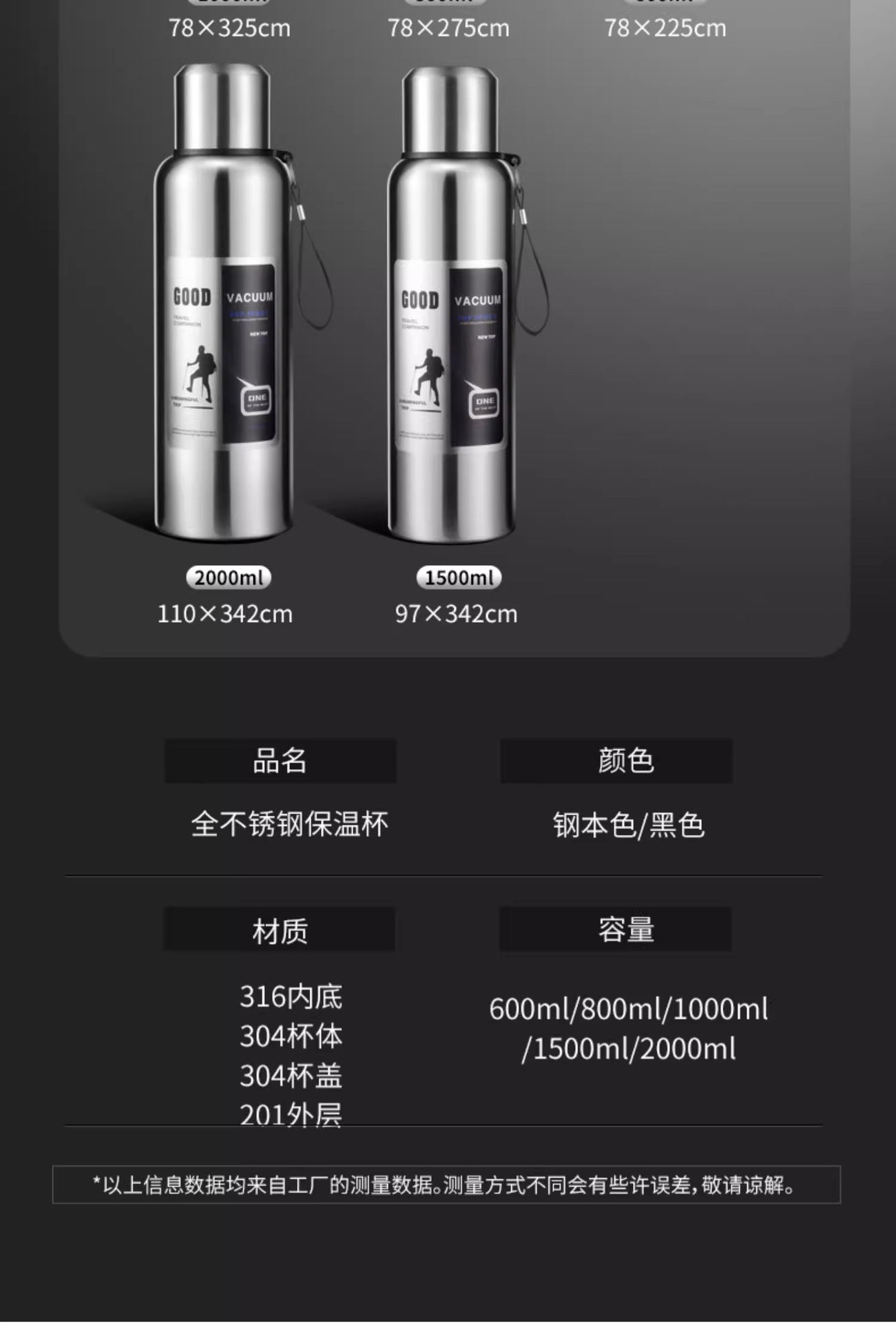 Large Capacity 316 Stainless Steel All-Steel Pot Men's Outdoor Travel Mountaineering Portable Thermos Cup Wholesale Cross-Border