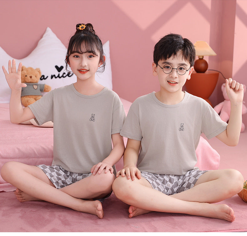 Children's Pajamas, Pure Cotton, Summer Short-Sleeved Shorts Set for Boys, Home Clothes for Girls, Air-Conditioned Clothes for Middle-Aged and Older Boys