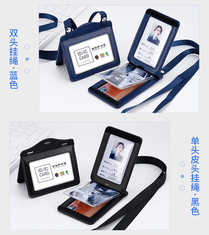 Real work permit leather case unit work permit with lanyard four-card work card badge hanging neck staff card bus access control