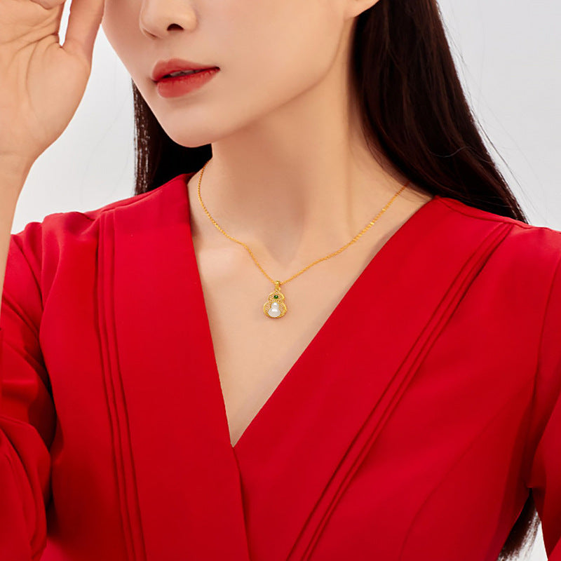 S925 Silver Simple and Fashionable Fulu Gourd Clavicle Chain Inlaid with Natural Hetian Jade High-End Necklace Factory Direct Sale