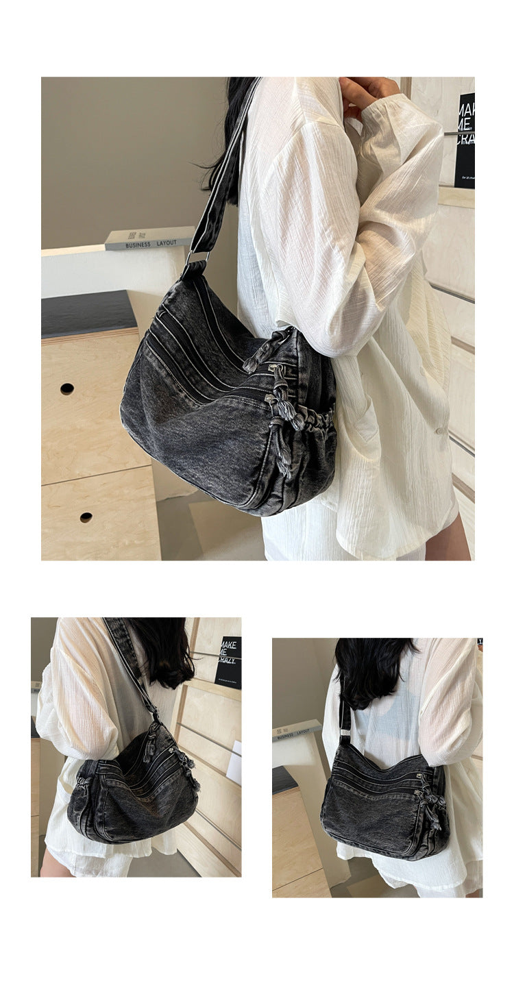 Casual Denim Shoulder Bag Japanese Harajuku Style Canvas Bag for Women 2026 New Large Capacity Simple Crossbody Bag