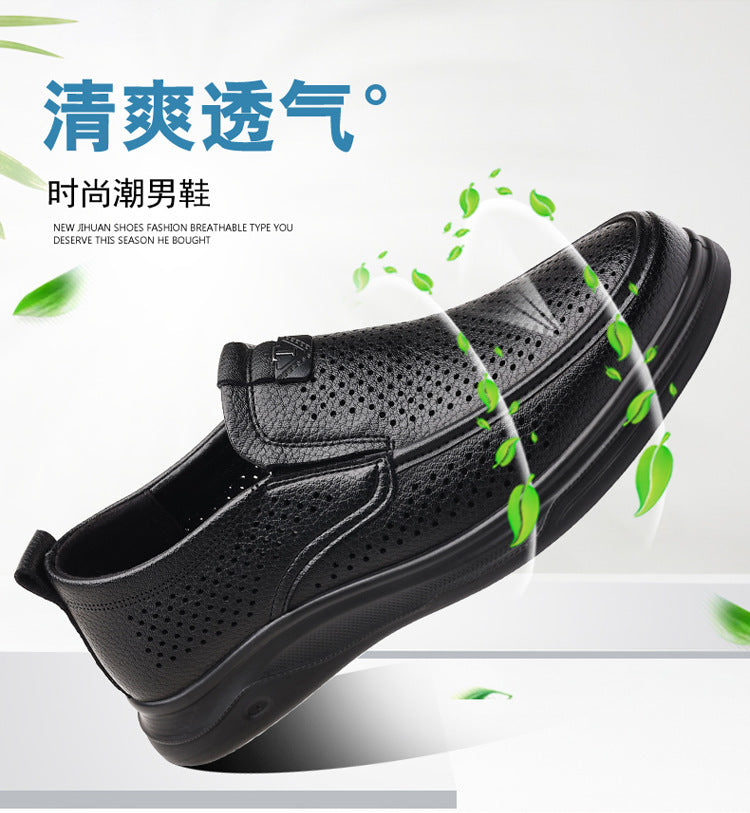 Summer Men's Shoes for Middle-Aged and Elderly People, Genuine Leather Breathable Men's Sandals, Leather Shoes, Soft Soles, Hollow Casual Shoes, Clogs