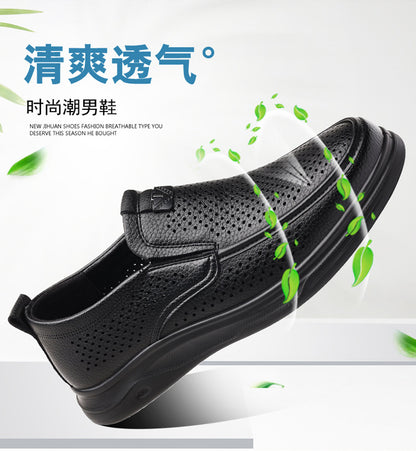 Summer Men's Shoes for Middle-Aged and Elderly People, Genuine Leather Breathable Men's Sandals, Leather Shoes, Soft Soles, Hollow Casual Shoes, Clogs