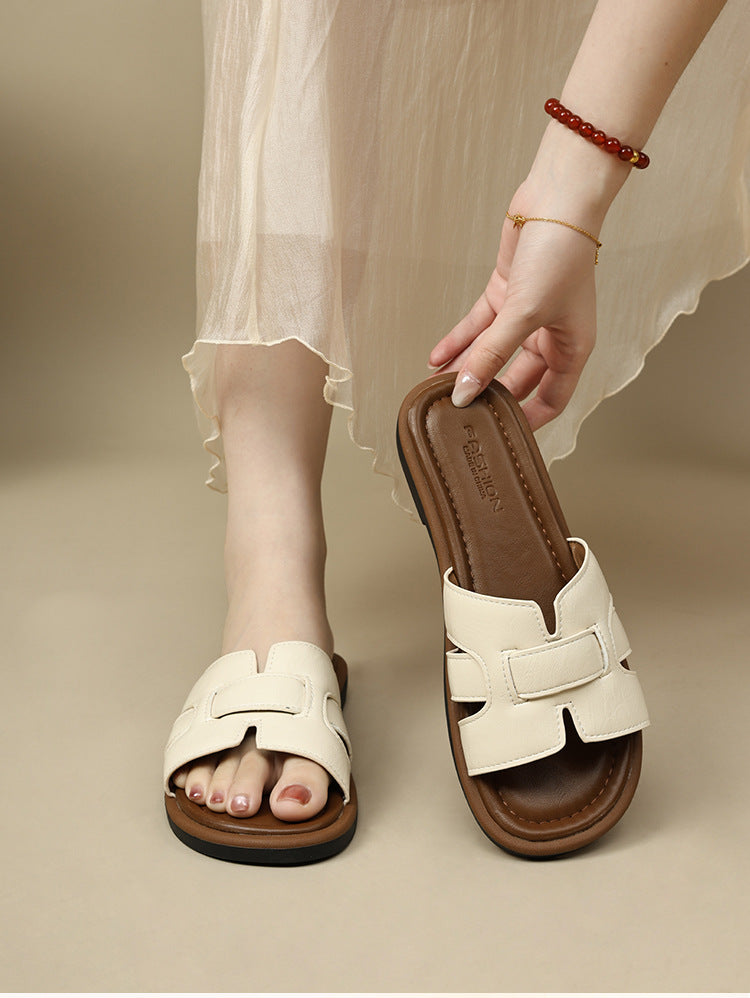2025 New French Retro Leather Slippers Niche Casual Flat Versatile Slip-On Sandals for Women