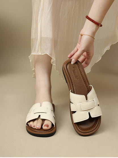 2025 New French Retro Leather Slippers Niche Casual Flat Versatile Slip-On Sandals for Women