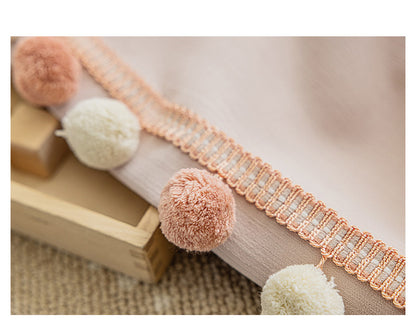 Cream-Colored Chenille Blackout Curtains for Children's Room, Sleeping Beauty Style, with Pom-Pom Design, Custom-Made Finished Product