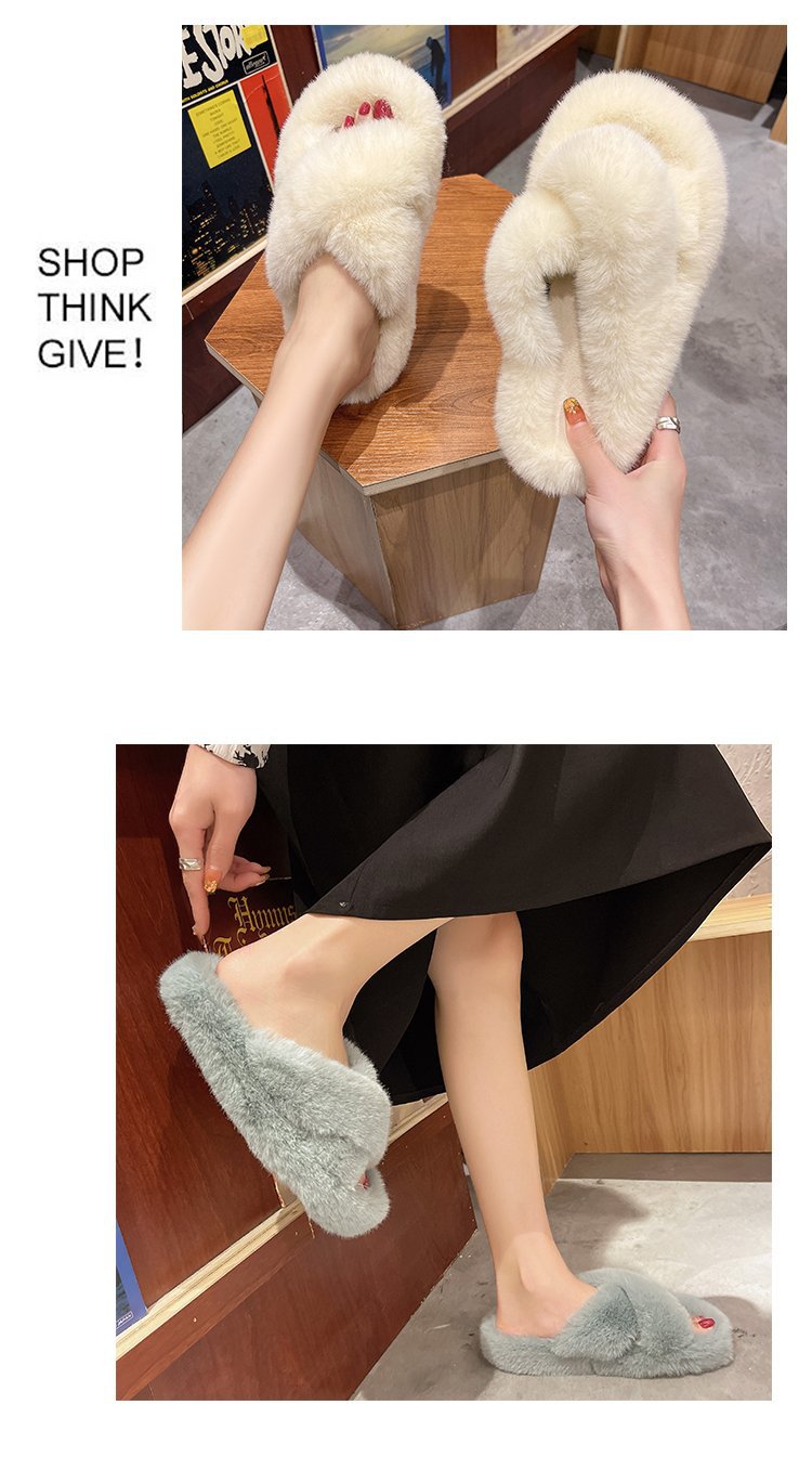 Foreign Trade Furry Slippers for Women 2025 Autumn and Winter New Korean Style Lazy Outer Wear Cross Thick-Soled Open-Toe Slippers for Outer Wear
