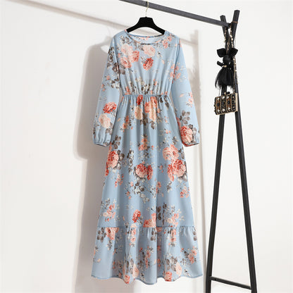 Cross-border Foreign Trade Floral Chiffon Long Dress Women's Spring Dress Long Sleeve Crewneck Base Skirt Waist Slim Long Dress