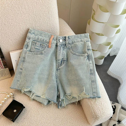 Summer 2023 New High Waist Slimming Design Sense Ripped Wide Leg Denim Shorts Women's Pants All-match Hot Pants
