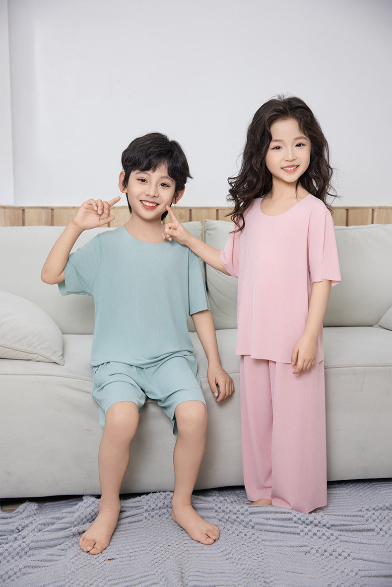 Summer New Style Boys' Short-Sleeved Loose Seamless Ice Silk Home Clothes Children's Two-Piece Set Girls' Pajamas Set Wholesale
