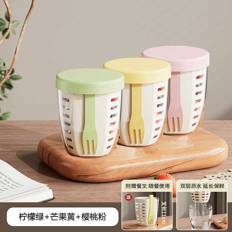 FX3666 ins Wind Fruit Salah Cup Multi-purpose Fruit Cup with Picnic with Fork Double Layer Dipped Water Cup