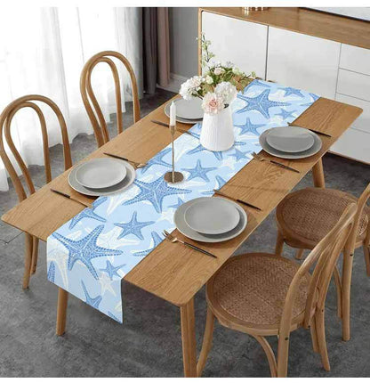 Cross-border New Blue Bottom Starfish Table Runner Linen Printed Kitchen Dining Table Tablecloth Home Fabric Tablecloth Cushion Coffee Table Meal