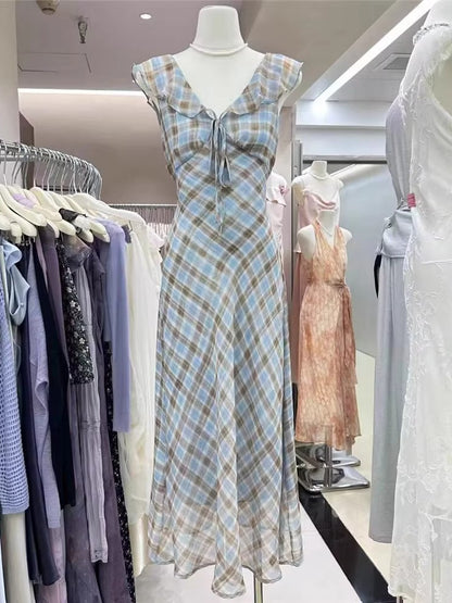 Fashion New Summer French Elegant Temperament Gentle Ruffled Plaid Dress Women's Summer Slimming Age-Reducing Long Dress