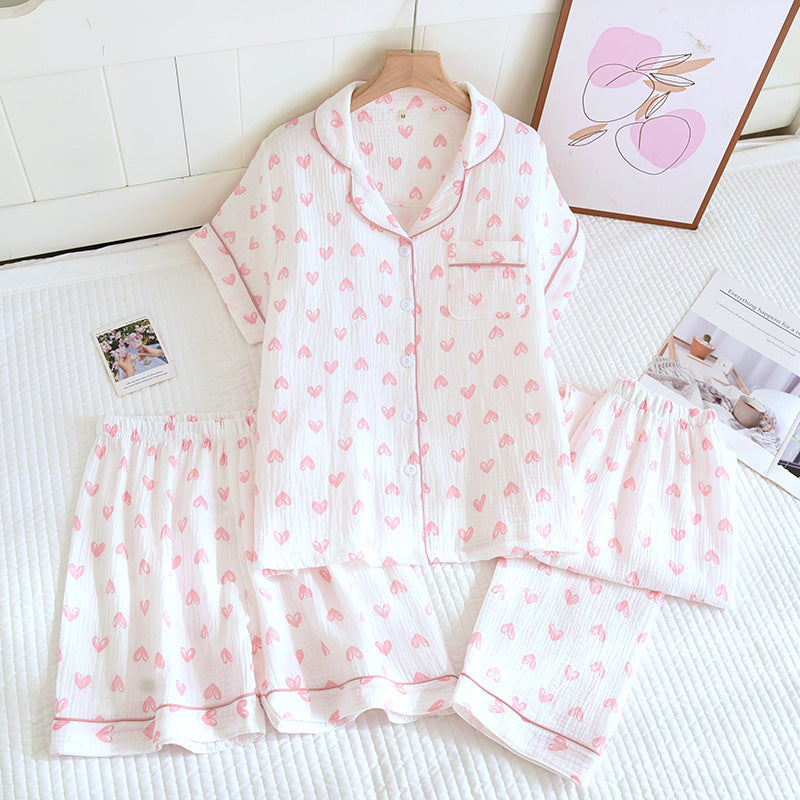 Various Style Spring and Summer Cotton Crepe Pajamas Sweet Three-Piece Short-Sleeved Trousers Spring and Autumn Loose Casual suit