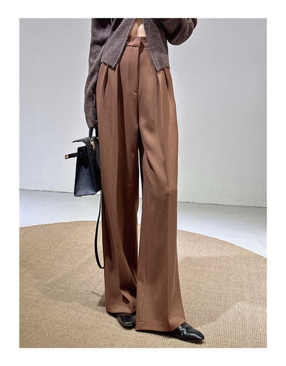 Spring and Autumn New Style Old Money Style Brown Coffee Color Suit Pants for Women, Wide-Leg Pants with Drape Effect, Slimming, Extended Length for Tall Individuals, Straight-Leg Pants