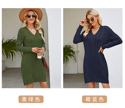 Cross-Border European and American Clothing Pure Color V Neck Long Sweater Dress Autumn and Winter Fashion Elegant Cable Bottoming Knitted Dress