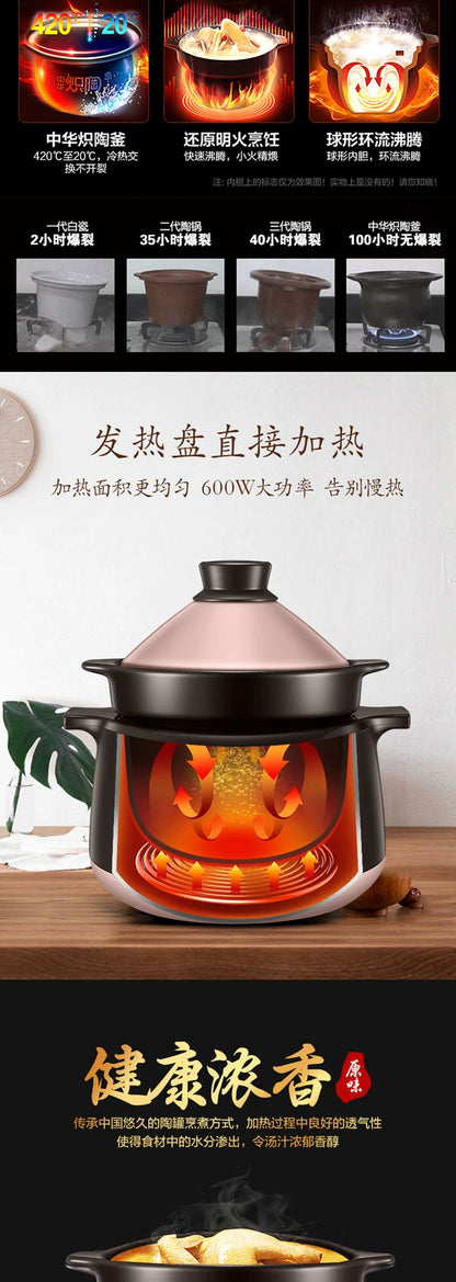 220V 4L Electric Stewing Pot Automatic Ceramic Multi Cooker Intelligent Electric Stewing Cooking Pot