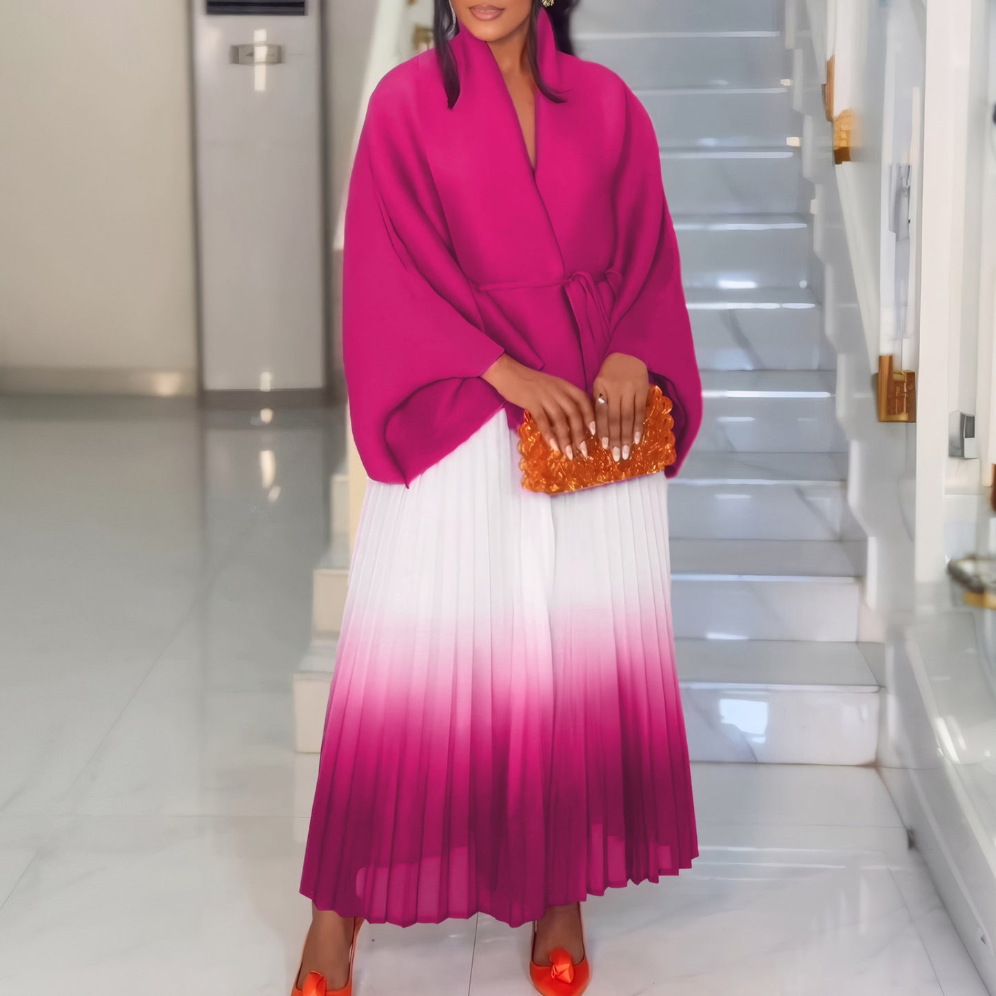 C8610 African plus size Women's Spring New Fashion Strap Bat Sleeve Top Gradient Color-changing Skirt Two-piece Set