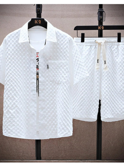 Thin sports leisure two-piece 2024 summer ice silk suit men's ruffian handsome fashion short sleeve shirt shorts set
