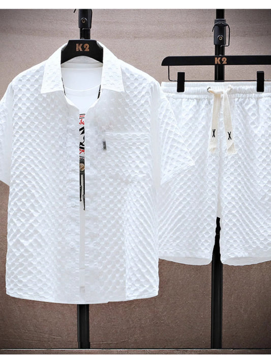 Thin sports leisure two-piece 2024 summer ice silk suit men's ruffian handsome fashion short sleeve shirt shorts set by PDG ibma