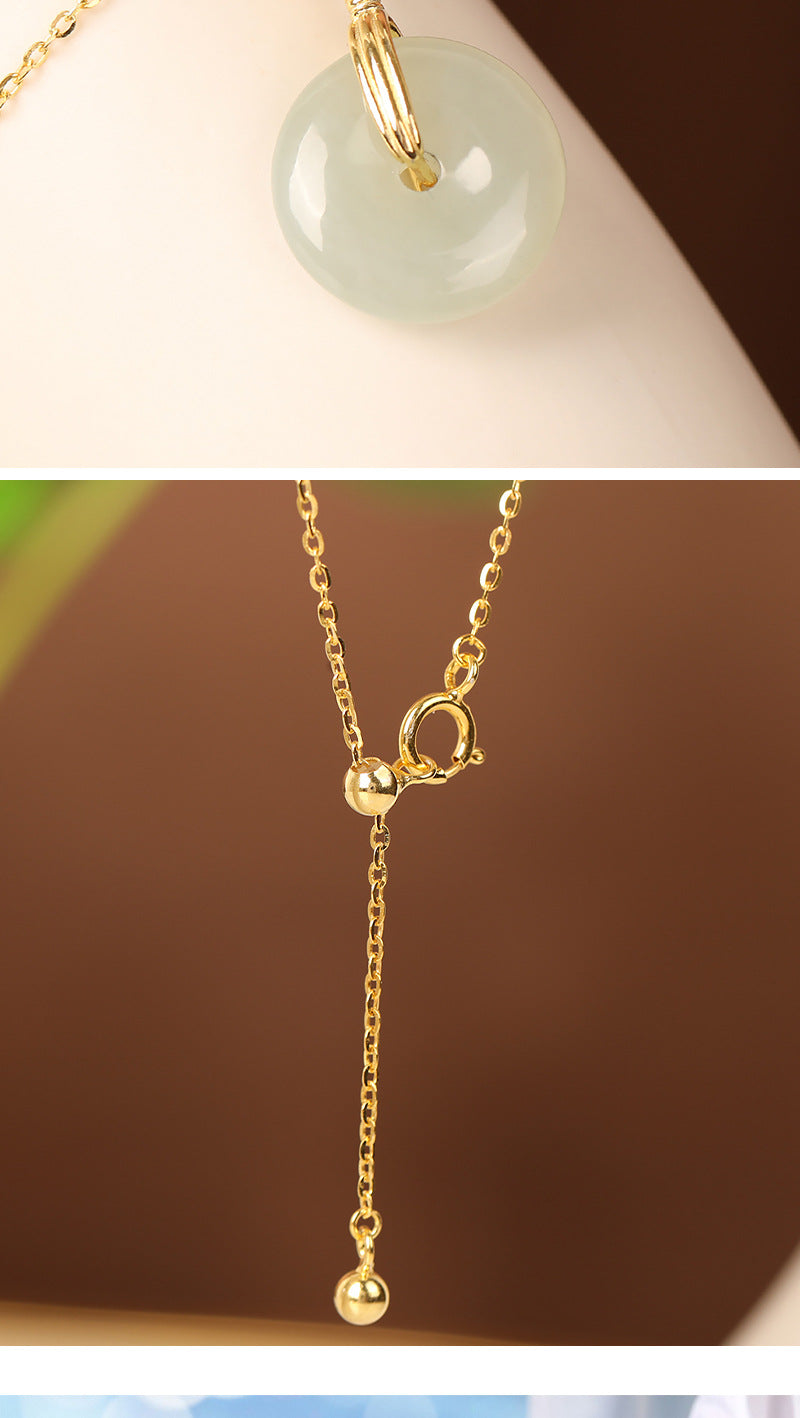 S925 Sterling Silver Clavicle Necklace Women's New Chinoiserie Natural Hetian Jade Safety Buckle Pendant Retro Accessible Luxury Simple Accessories