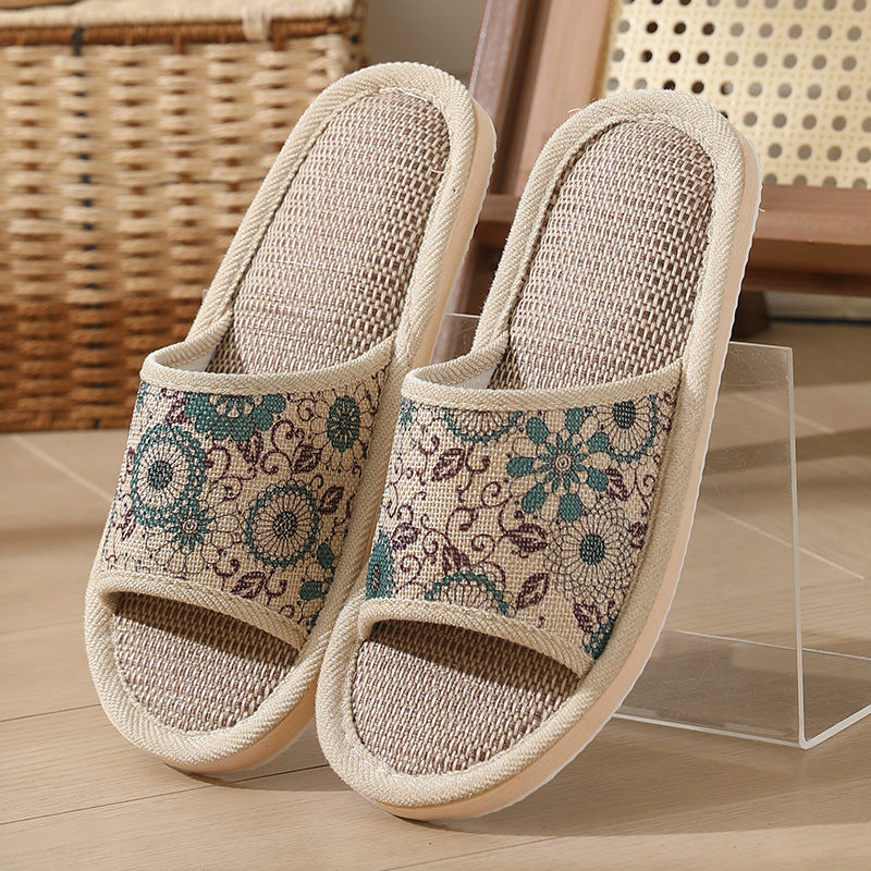 New Summer Open-Toe Home Slippers, Non-Slip, for Men and Women, Couples, Indoor, Blue and White Porcelain, Wooden Floor, Light Foam Sole, Cotton and Linen