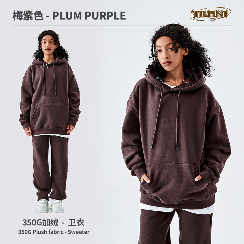 Tilani Men's Clothing European and American Trendy Brand High Quality 350g Fleece-Lined Thick Men's and Women's Hooded Sweatshirt and Sweatpants Pure Color Suit