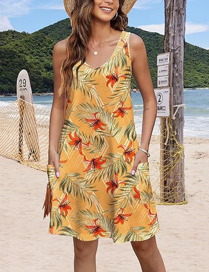2024 summer casual vest V-neck loose dress with pockets summer bohemian beach dress floral T-shirt with pockets