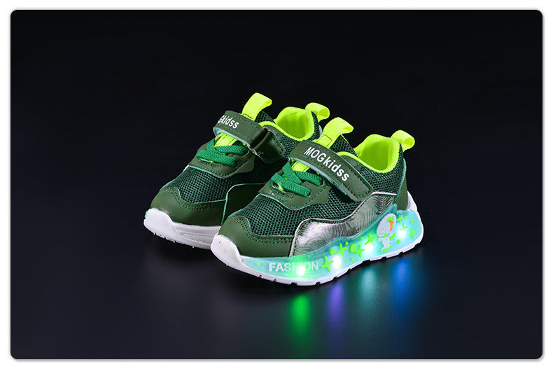 Wholesale Spring and Autumn New Mesh Plaid Boys Led Light Casual Children's Luminous Fashion Cartoon Sports Shoes