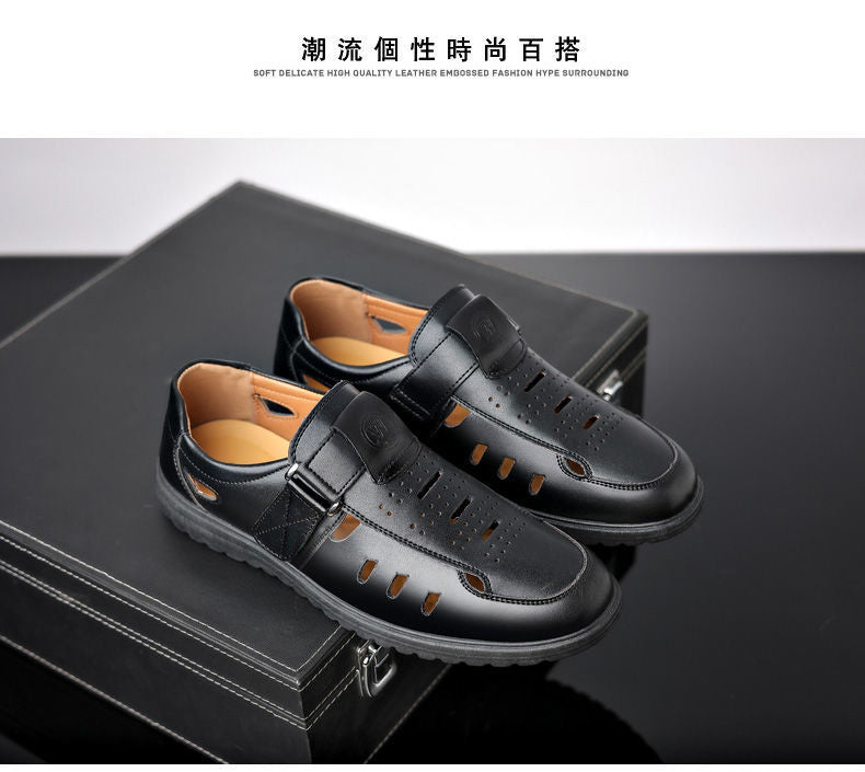 Leather cowhide special clearance shoes hollow leather sandals men's casual hole shoes middle-aged business dad shoes