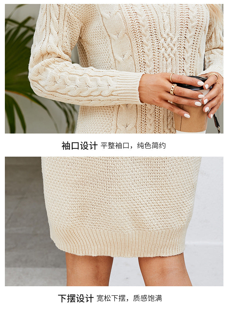 Cross-Border European and American Clothing Pure Color V Neck Long Sweater Dress Autumn and Winter Fashion Elegant Cable Bottoming Knitted Dress