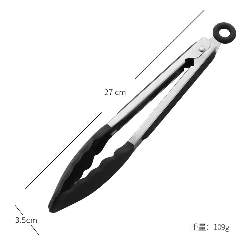 Cross-Border Black Silicone Clip High Temperature Resistant Kitchen Food Frying Stainless Steel Bread Clip Steak Clip Kitchen Food Clip
