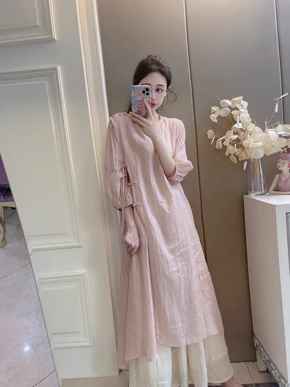 Summer New Style Quality Ramie Handmade Buckle Lace Lace Guofeng dress Double-Layer Skirt suit