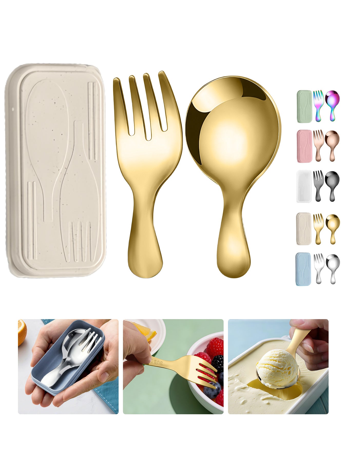 Stainless Steel Portable Spoon and Fork Set Children's Rice Spoon Dessert Spoon Fruit Fork Short Handle Fork Spoon Mini Tableware